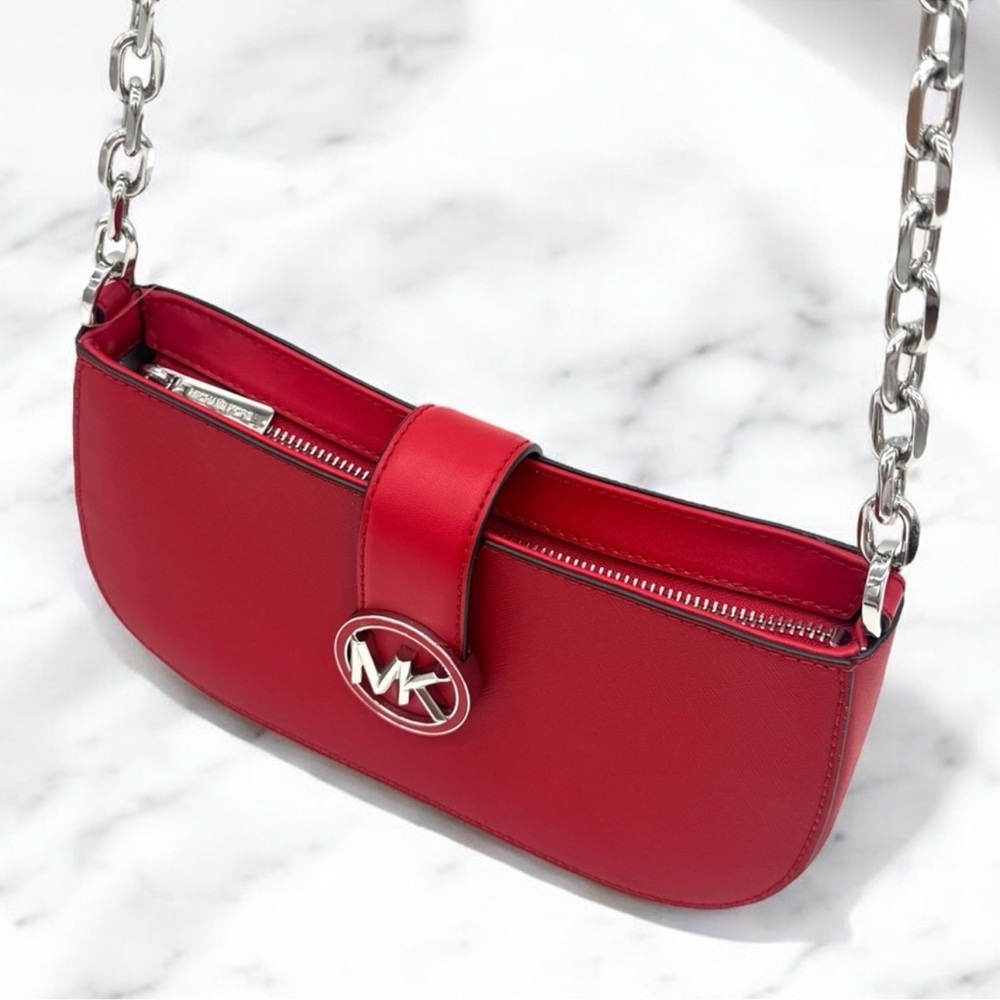 Michael Kors Carmen Small Pouchette Crossbody Bag Red/Silver - Picture 7 of 9
